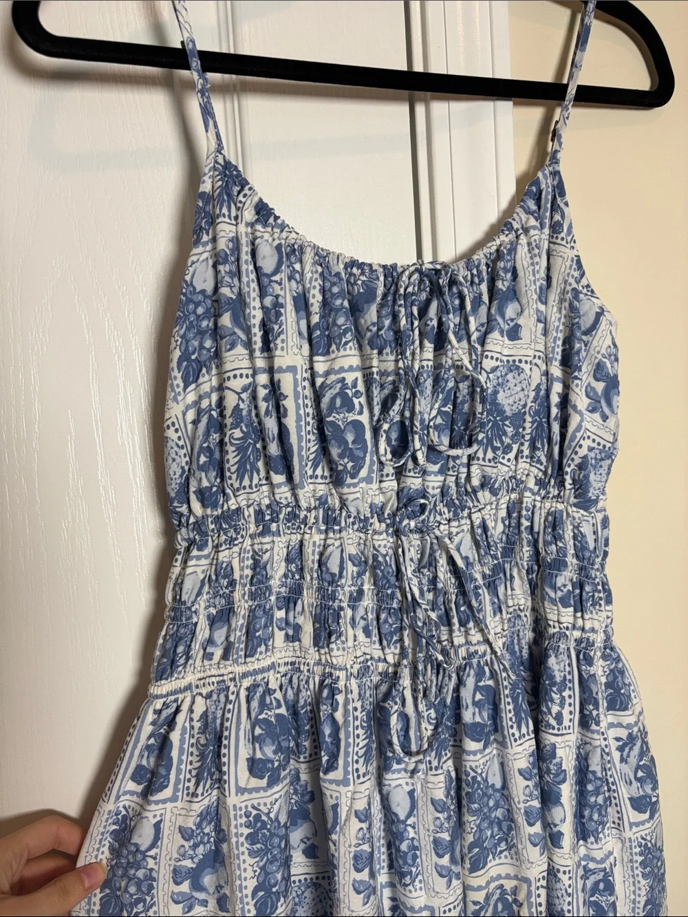 Abercrombie & Fitch Blue and White Floral Maxi Dress smocked tie front